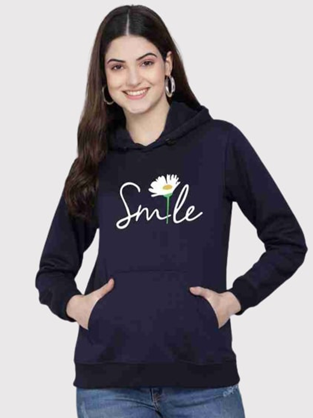 

PockMAN Women Blue Printed Hooded Sweatshirt