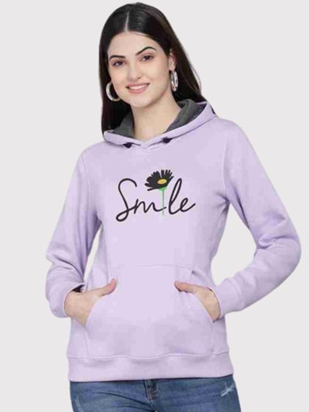 

PockMAN Women Lavender Printed Hooded Sweatshirt