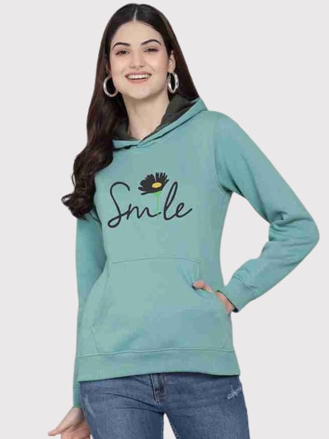 

PockMAN Women Green Printed Hooded Sweatshirt