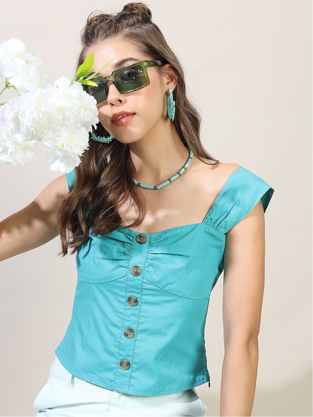 

Tokyo Talkies Teal Smocked Crop Top
