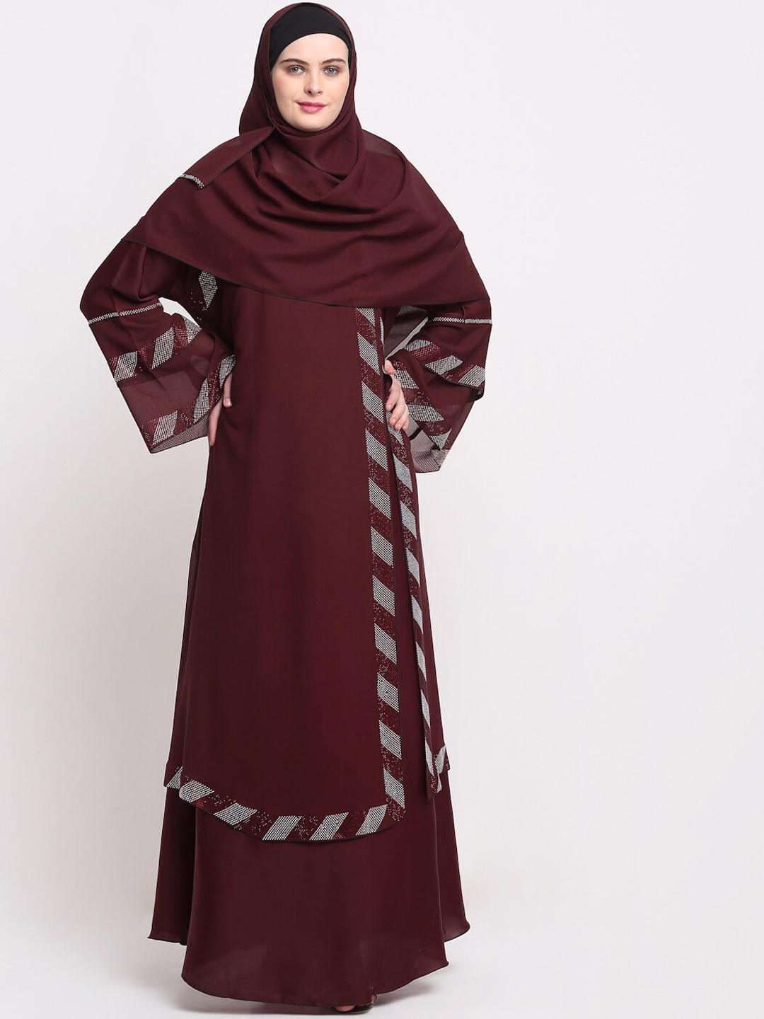 

KLOTTHE Women Maroon & Silver-Toned Embellished Burqas With Scarf