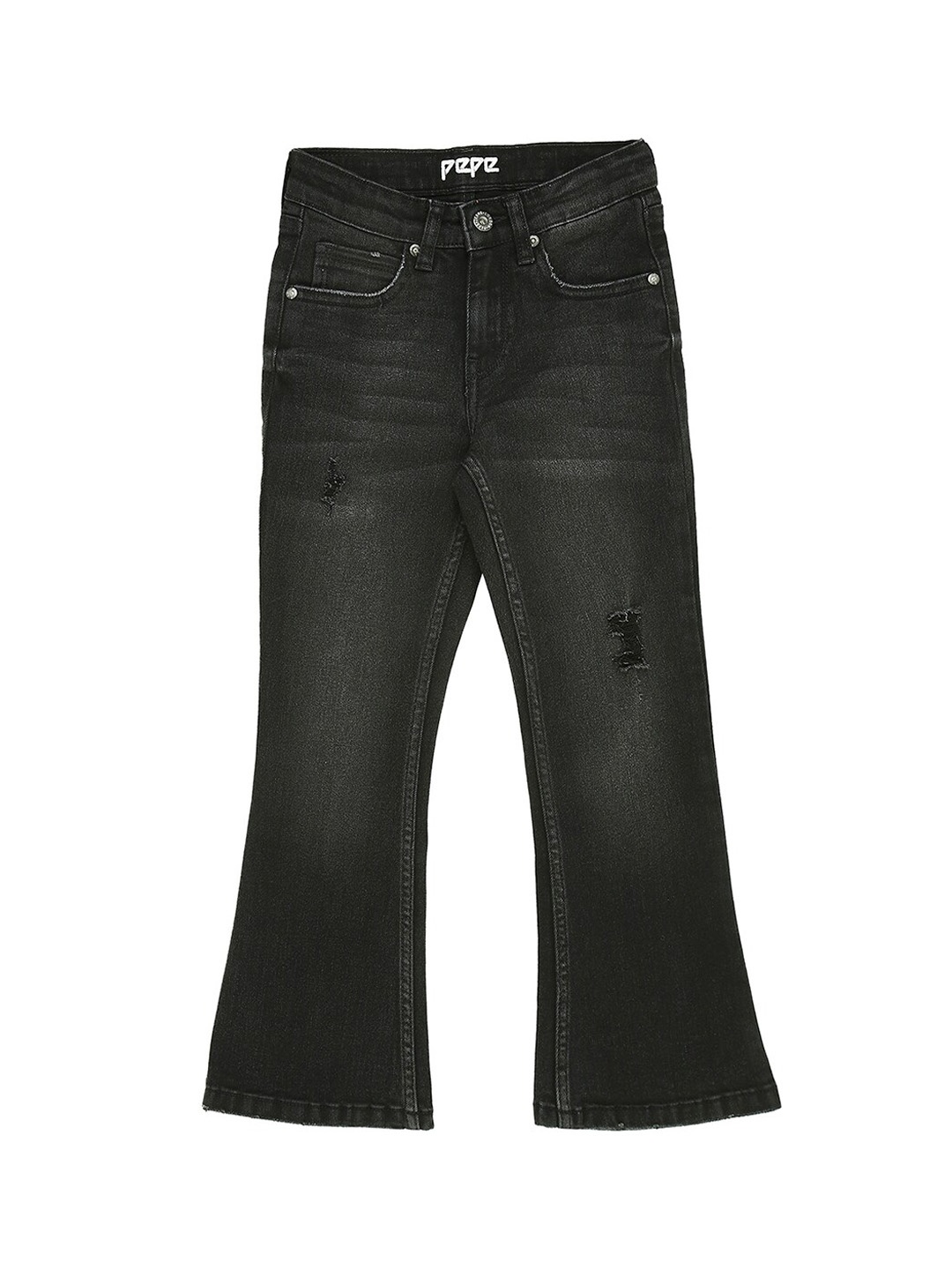 

Pepe Jeans Girls Black Flared High-Rise Mildly Distressed Light Fade Jeans