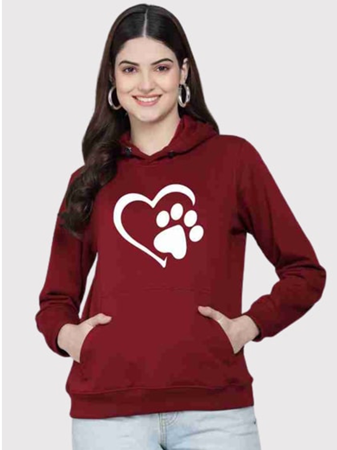 

PockMAN Women Maroon Printed Hooded Sweatshirt