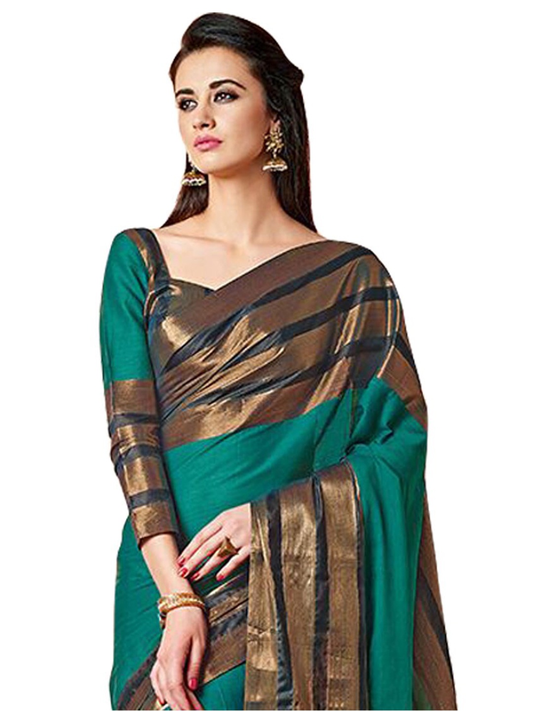 

BAPS Green & Gold-Toned Striped Zari Banarasi Saree