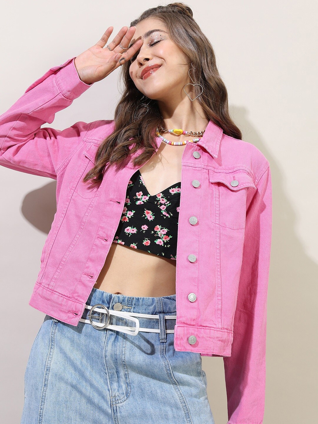 

Tokyo Talkies Women Pink Kobi Solid Denim Jacket