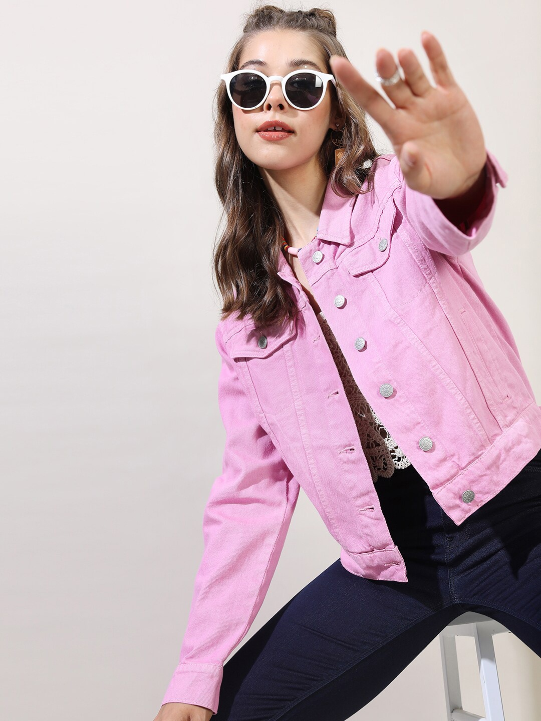 

Tokyo Talkies Women Pink Solid Denim Jacket