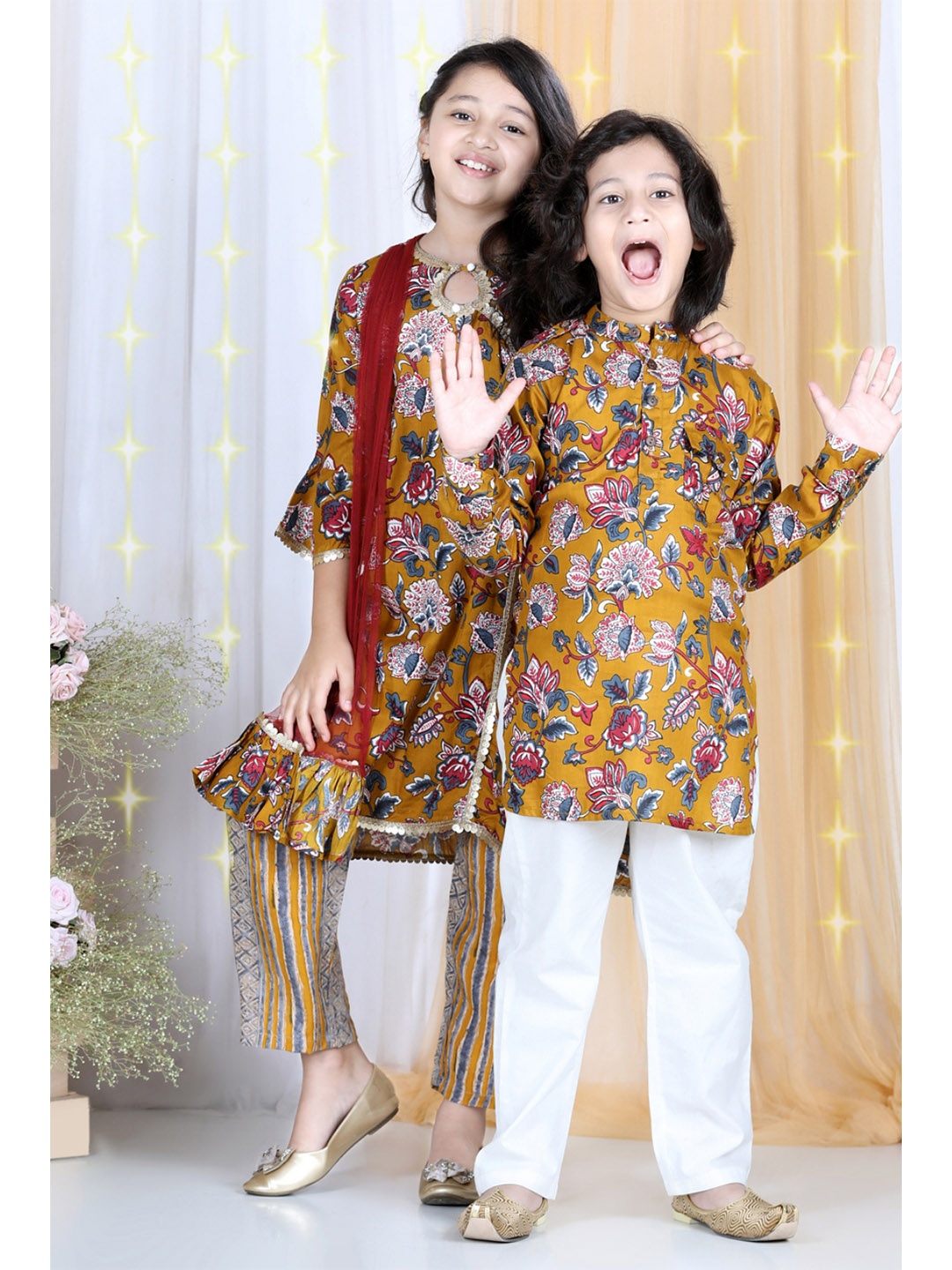 

Cutiekins Boys Mustard Brown Floral Printed Kurta with Pyjamas