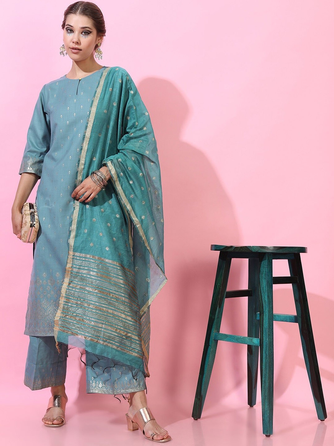 

Vishudh Women Turquoise Blue Kurta with Palazzos & With Dupatta