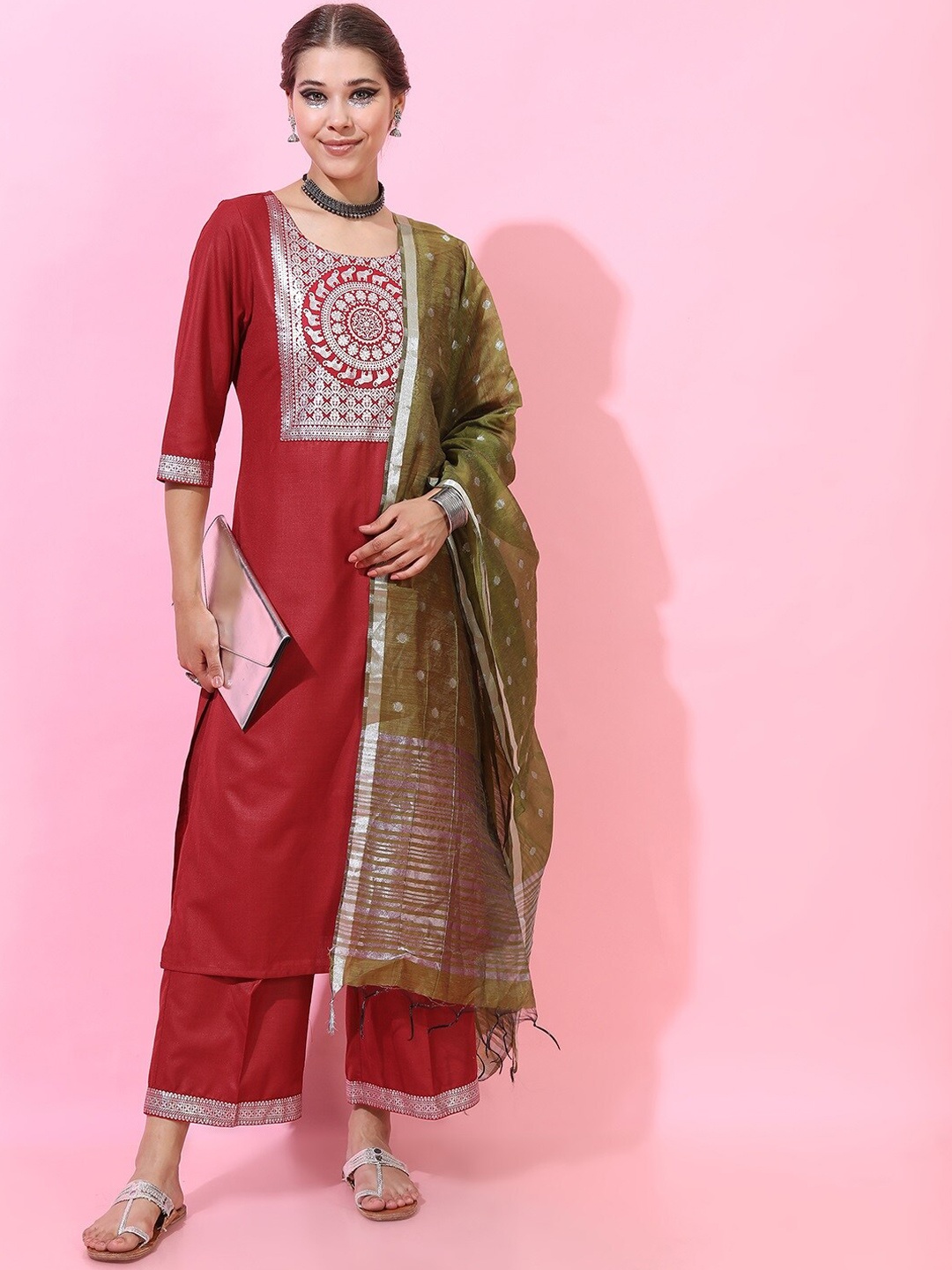 

Vishudh Women Red Ethnic Motifs Yoke Design Kurta with Trouser & With Dupatta