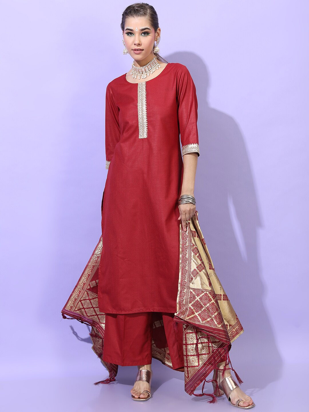 

Vishudh Women Red Yoke Design Kurti with Palazzos & With Dupatta