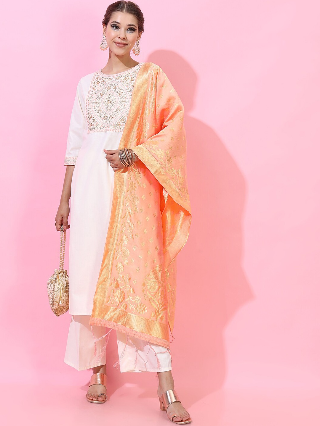 

Vishudh Women Cream-Coloured Yoke Design Panelled Kurti with Trousers & Dupatta