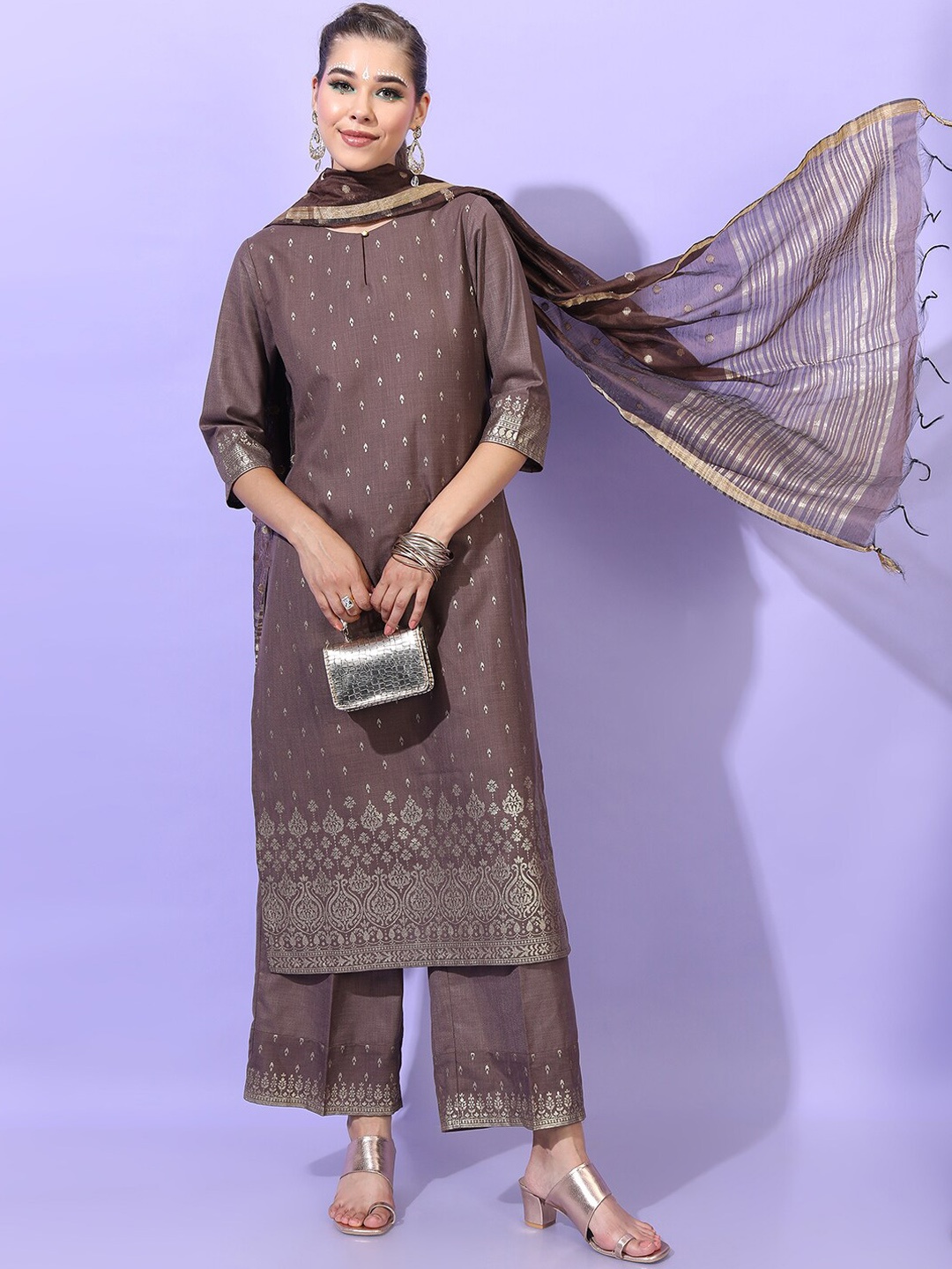 

Vishudh Women Brown Ethnic Motifs Embroidered Layered Kurta with Palazzos and Dupatta