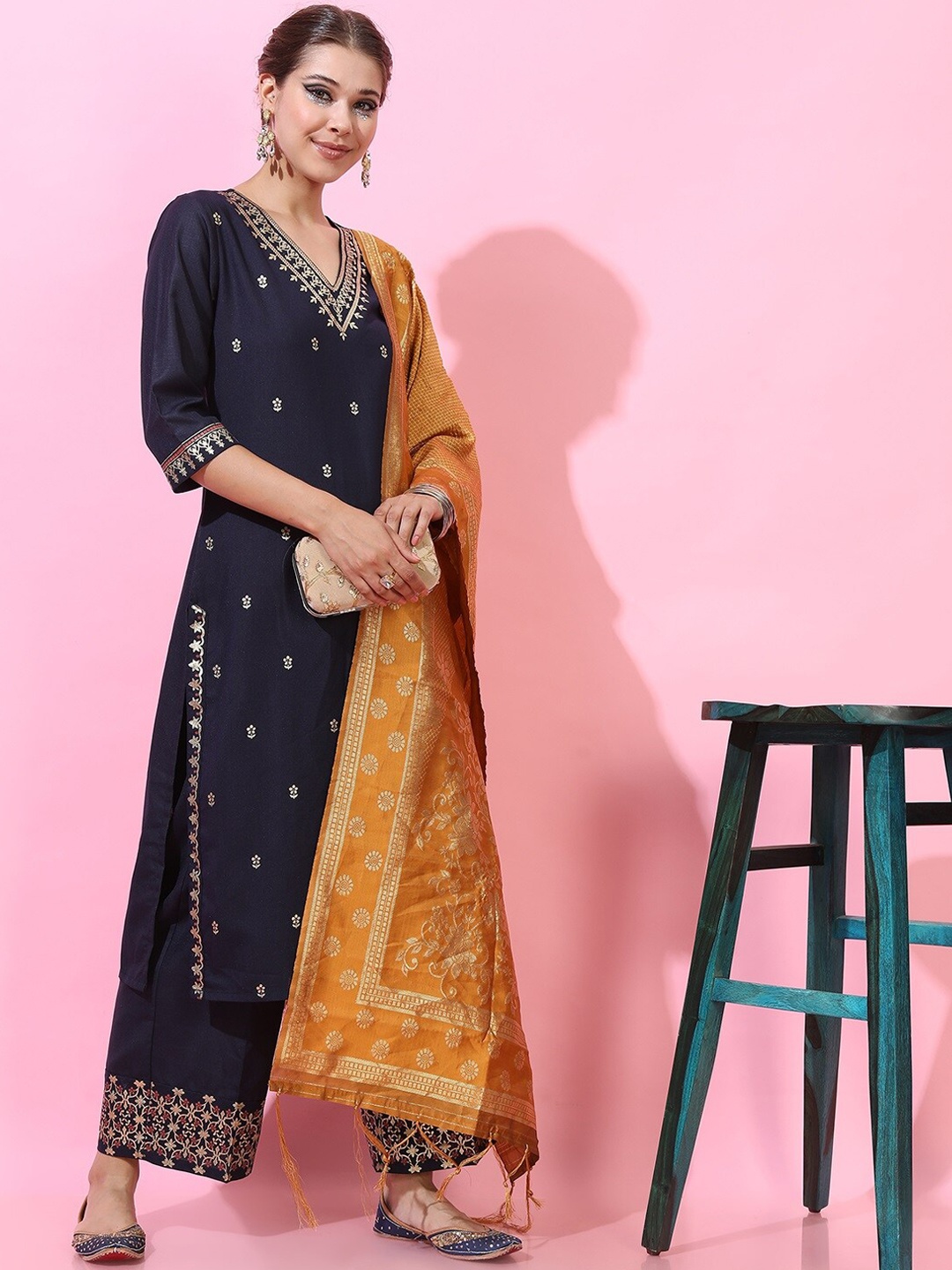 

Vishudh Women Navy Blue Ethnic Motifs Kurta with Palazzo & Dupatta