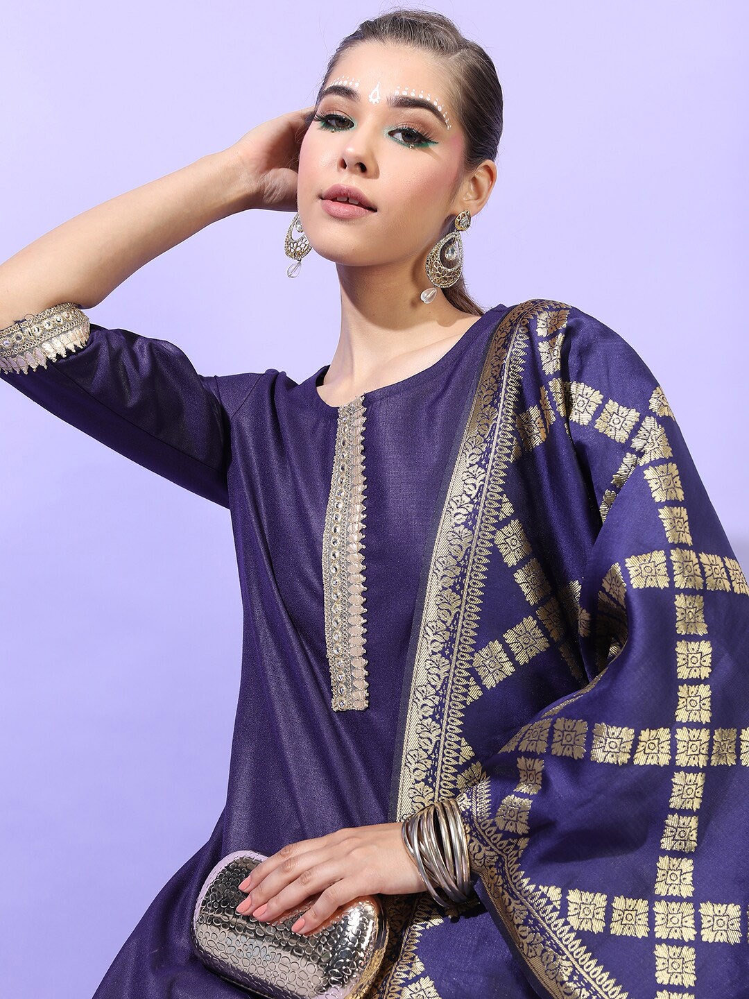 

Vishudh Women Navy Blue Kurta with Trousers & With Dupatta