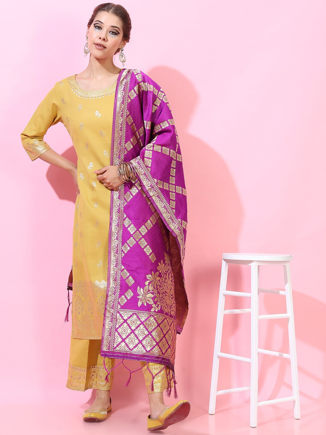 

Vishudh Women Yellow Embroidered Panelled Kurta with Trousers & With Dupatta