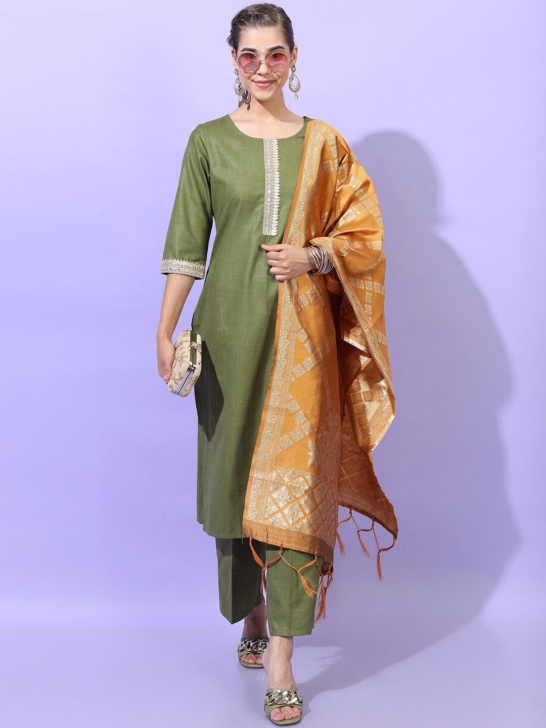 

Vishudh Women Green Panelled Kurta with Trousers & With Dupatta