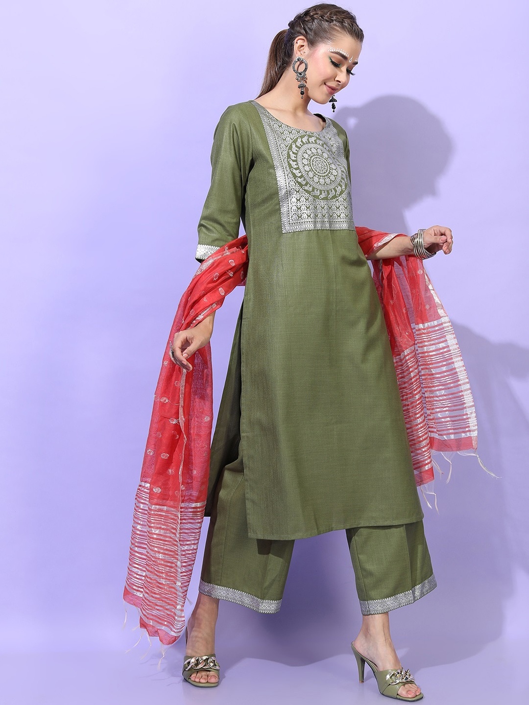 

Vishudh Women Green Yoke Design Panelled Kurti with Trouser & Dupatta