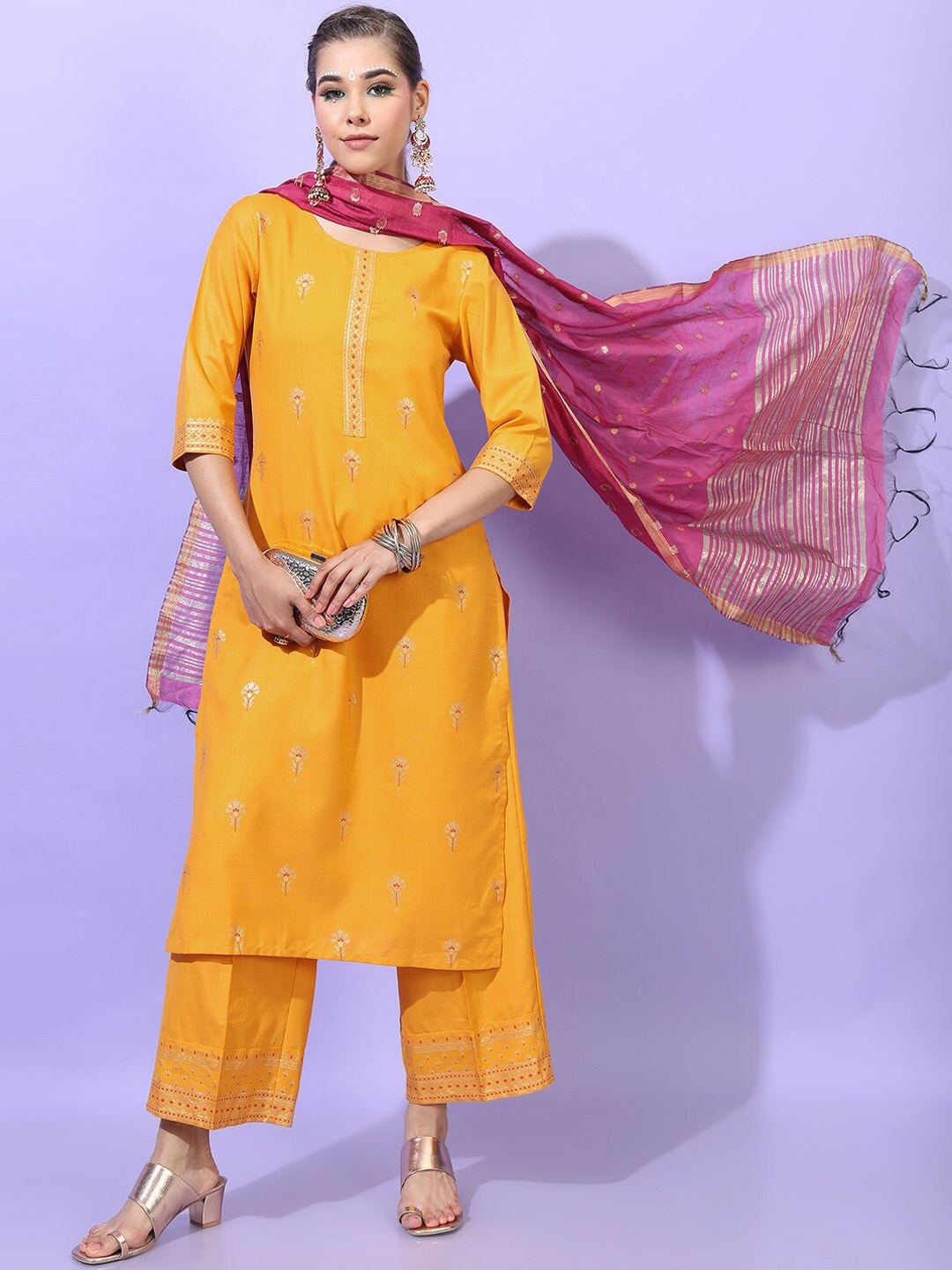

Vishudh Women Yellow Ethnic Motifs Kurta with Palazzos & Dupatta