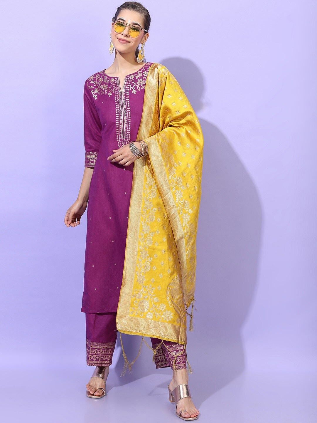 

Vishudh Women Magenta Printed Layered Kurta with Trousers & Dupatta