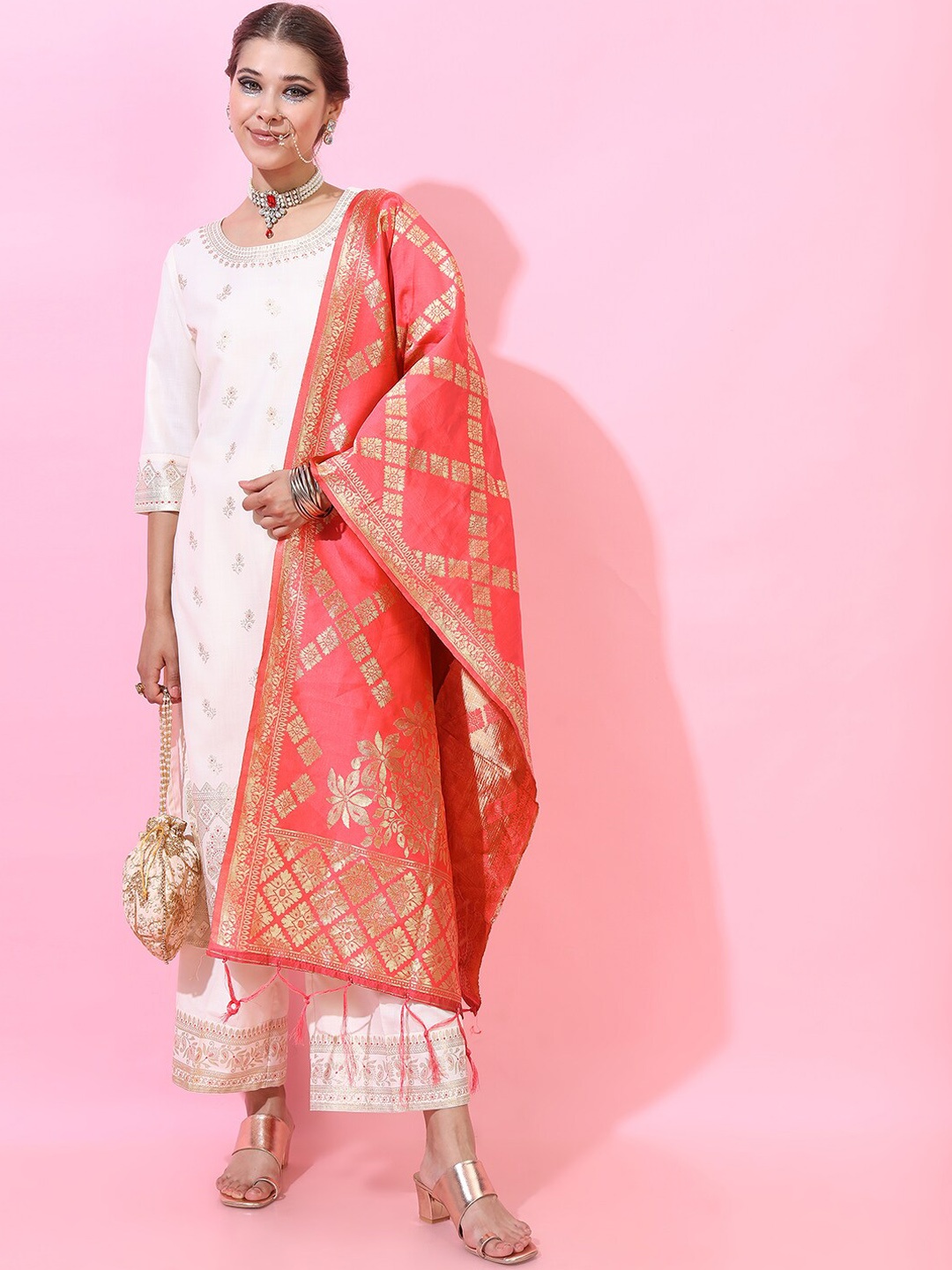 

Vishudh Women Cream-Coloured Ethnic Motifs Printed Panelled Kurti with Trousers & Dupatta