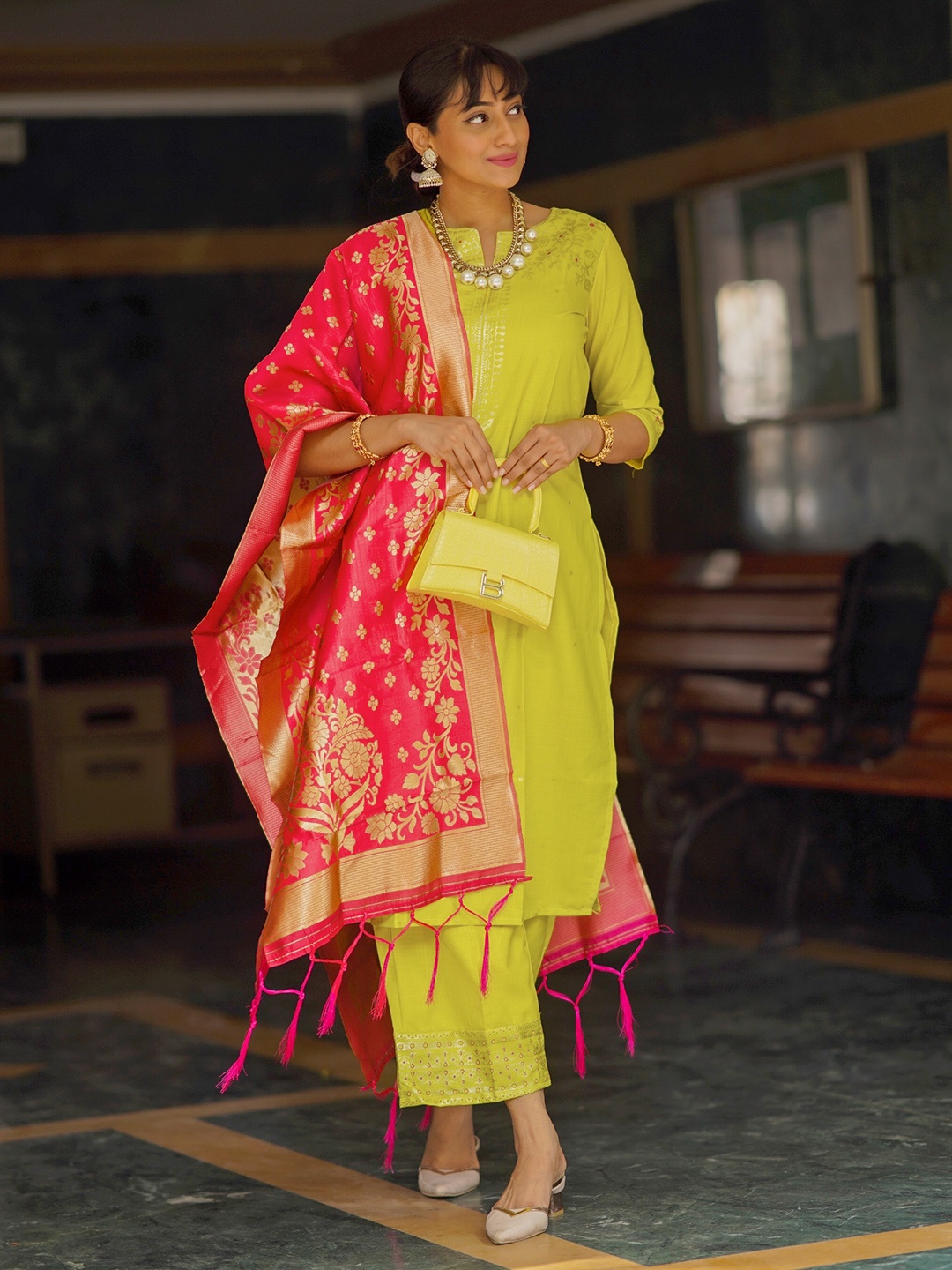 

Vishudh Women Lime Green Printed Pleated Kurti with Trousers & With Dupatta