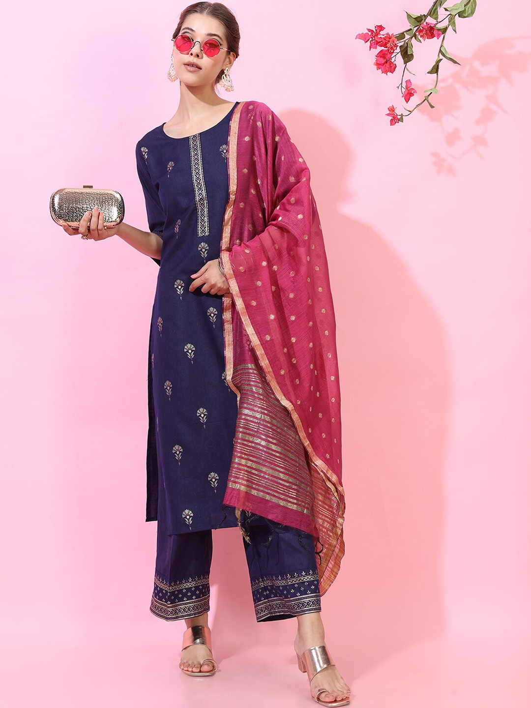 

Vishudh Women Purple Embroidered Layered Kurti with Trousers & With Dupatta