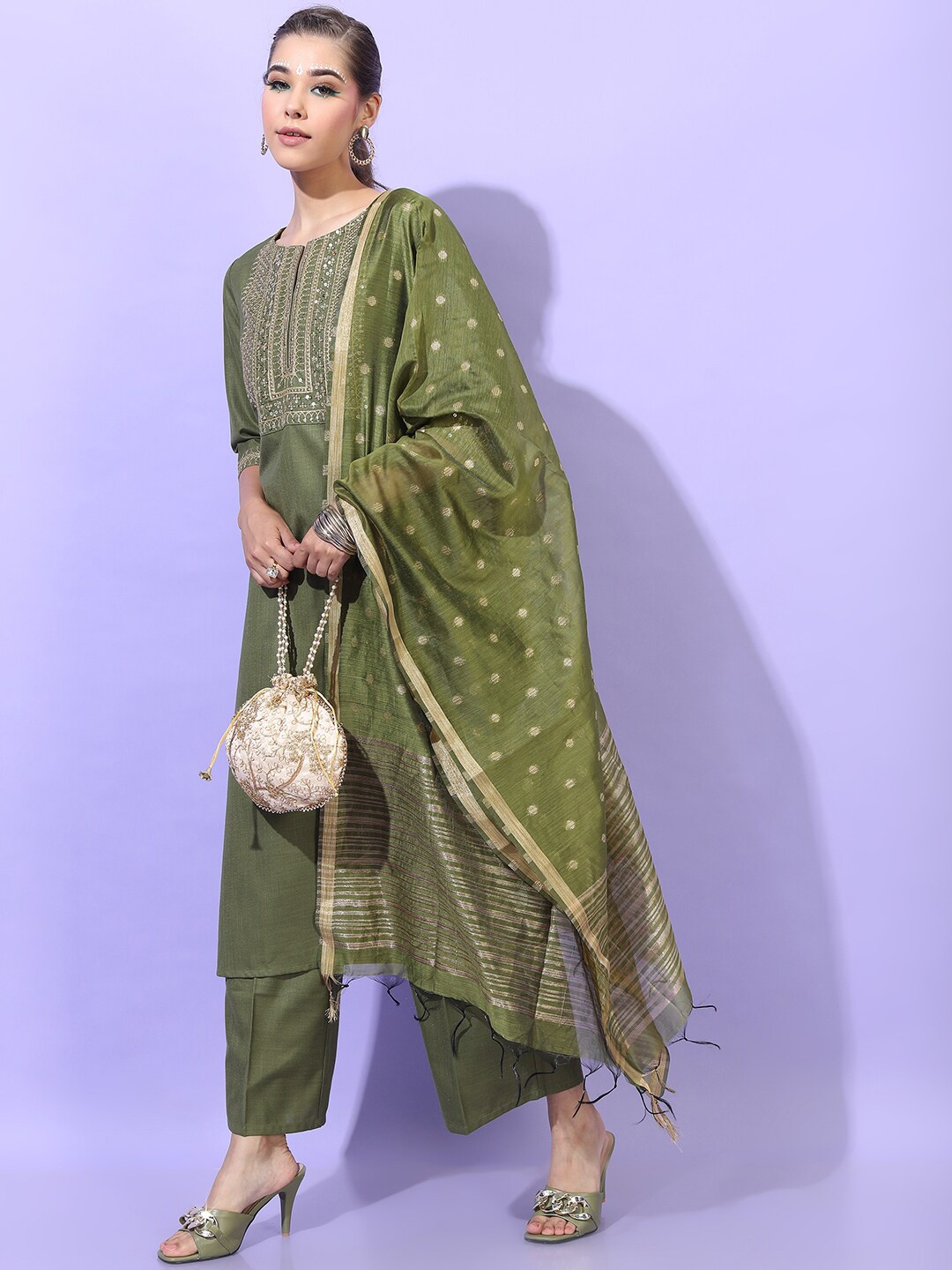 

Vishudh Women Olive Green Embroidered Empire Kurti with Trouser & Dupatta