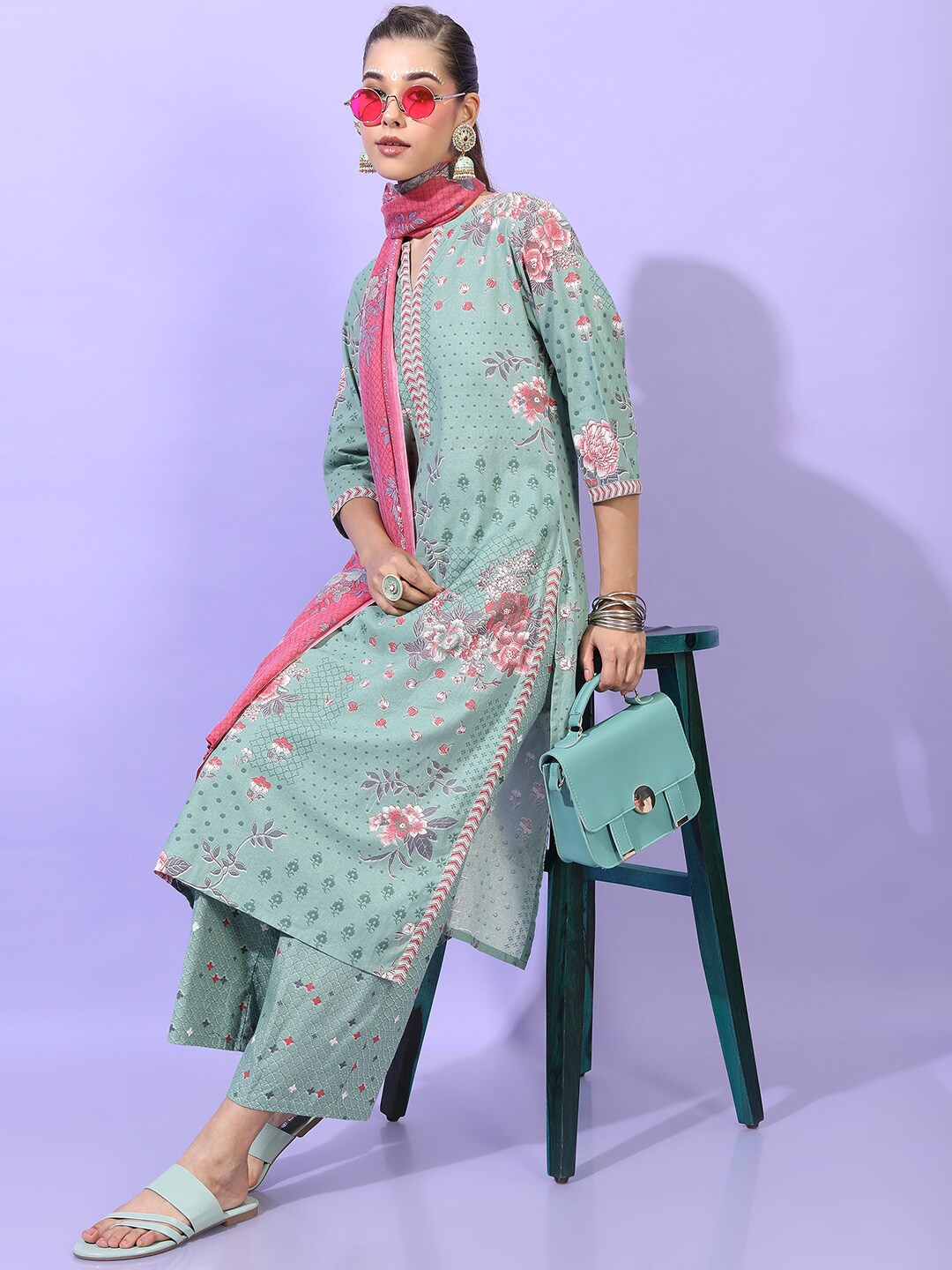 

Vishudh Women Green Floral Straight Pure Cotton Kurti with Trousers & Dupatta