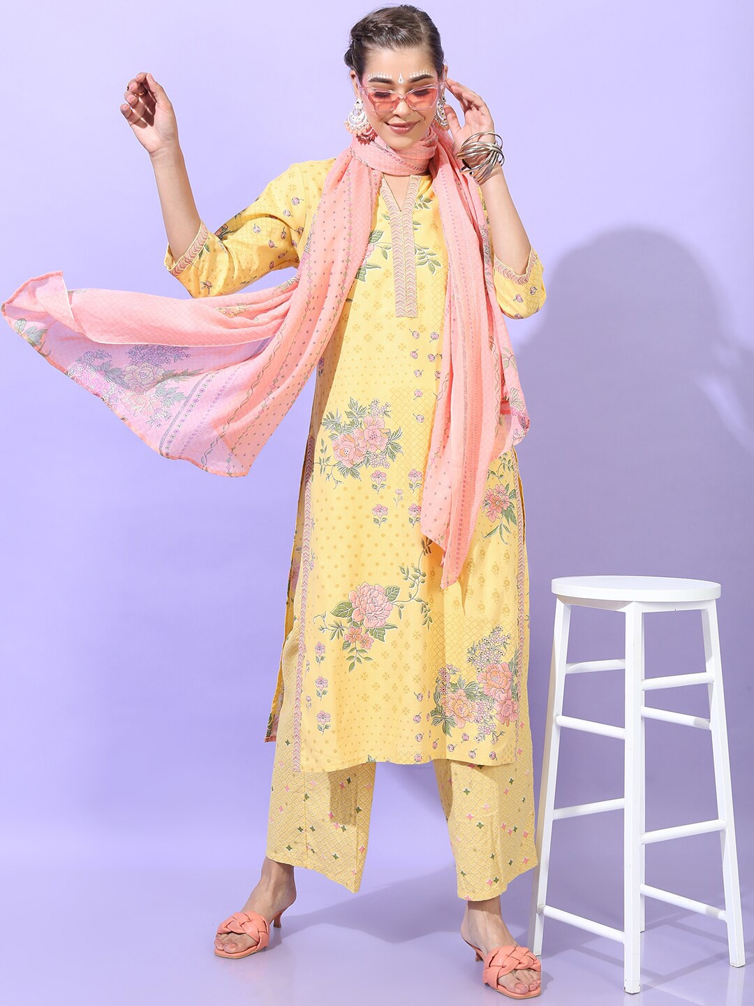 

Vishudh Women Yellow Paisley Printed Pure Cotton Kurti with Trouser & Dupatta