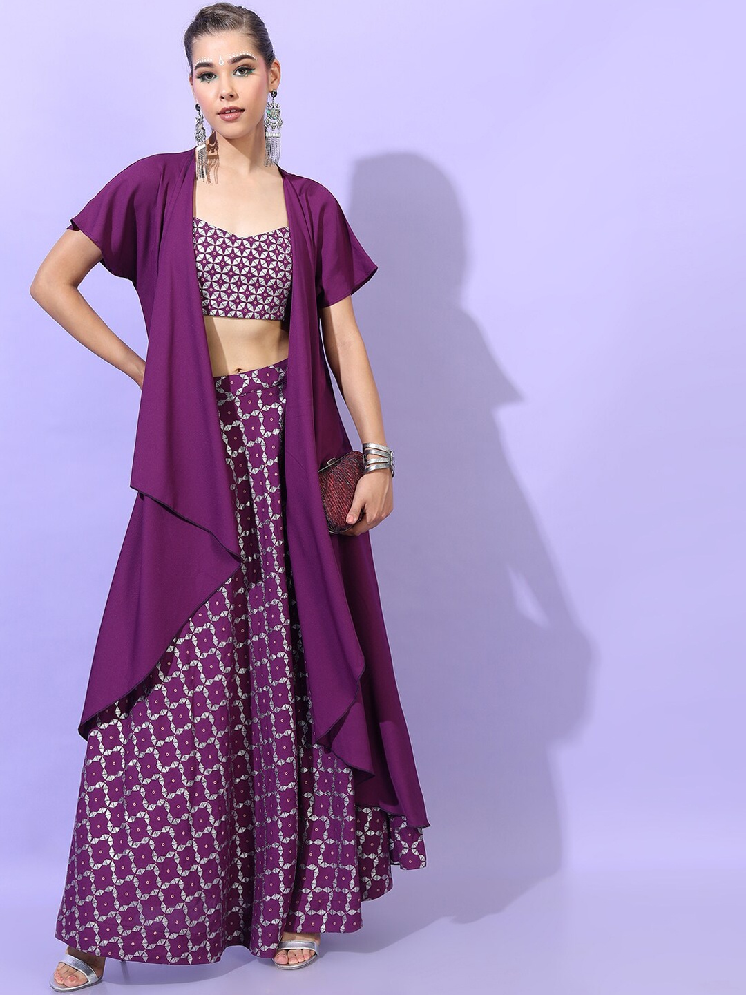 

Vishudh Women Purple Panelled Kurti with Skirt & With Jacket