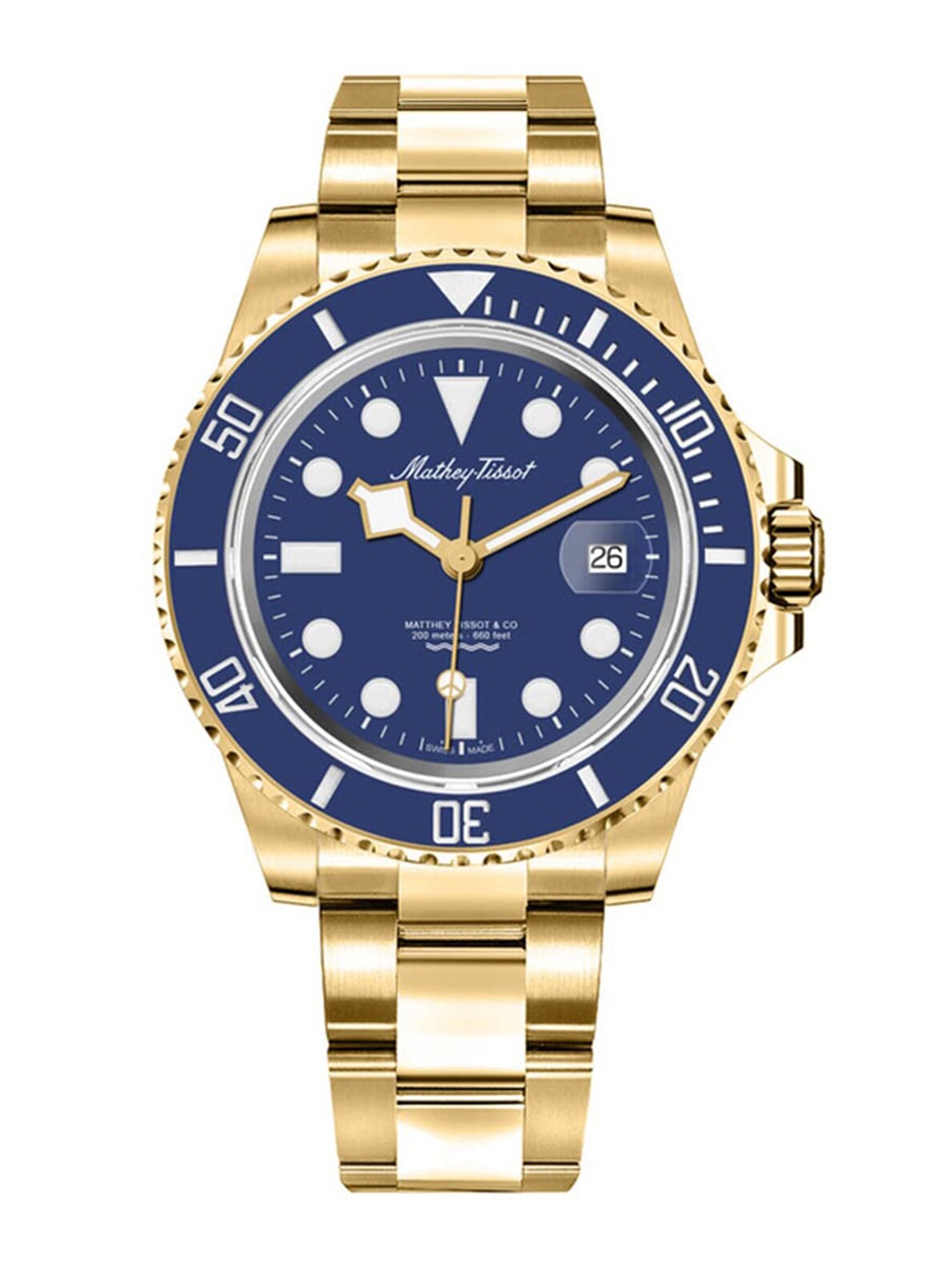 

Mathey-Tissot Men Blue Brass Embellished Dial & Gold Toned Stainless Steel Bracelet Style Straps Analogue Watch