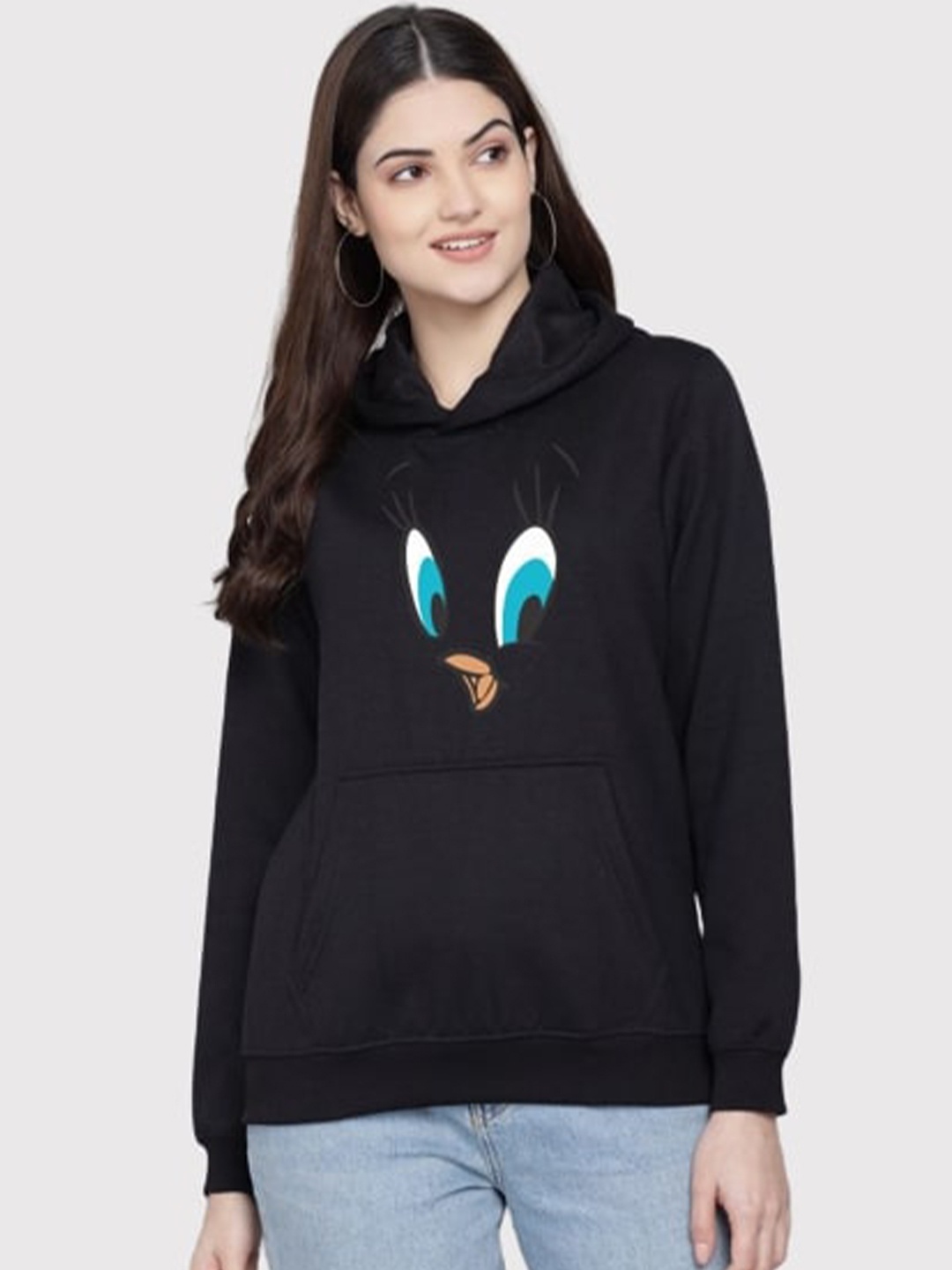 

PockMAN Women Black Printed Hooded Sweatshirt