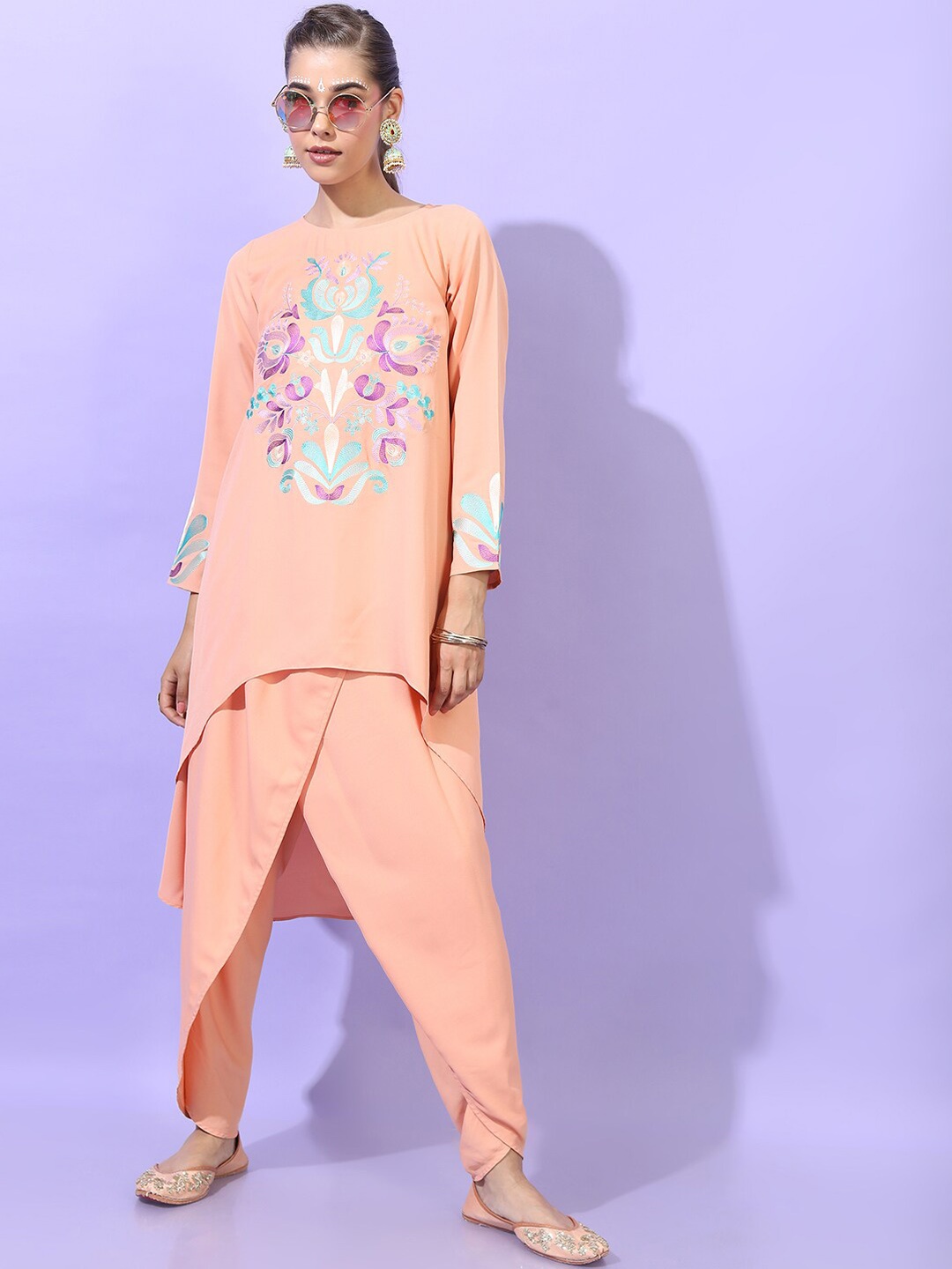 

Vishudh Women Orange Ethnic Motifs Panelled Kurti with Dhoti Pant