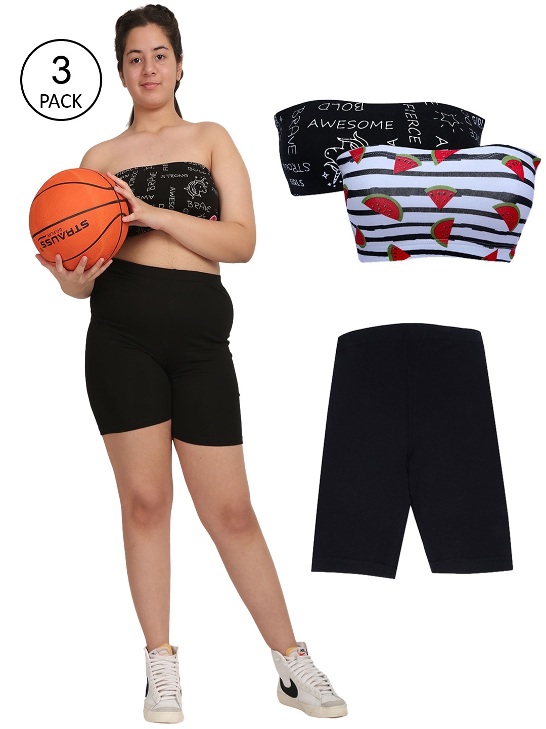 

DChica Girls Black Printed Pure Cotton Tube Top with Cycling Shorts