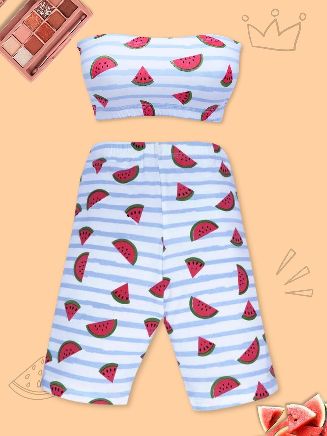 

DChica Girls White & Blue Printed Pure Cotton Tube Top with Cycling Shorts