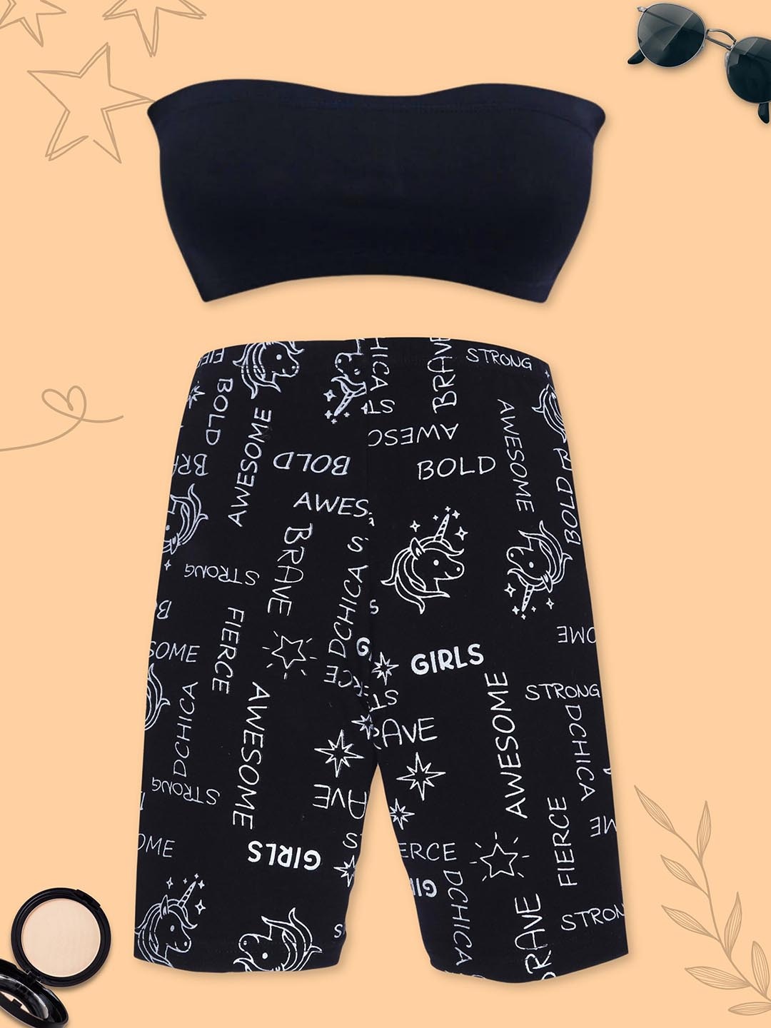 

DChica Girls Black Pure Cotton Crop Tube Top with Cycling Shorts