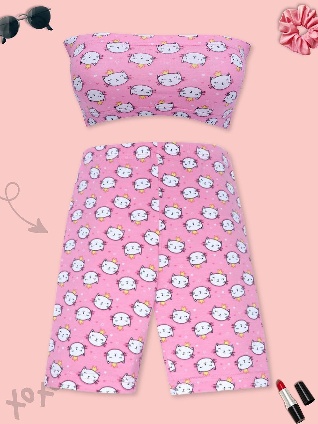 

DChica Girls Pink Printed Tube Top with Cycling Shorts