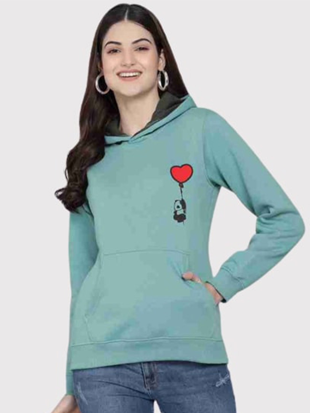 

PockMAN Women Green Hooded Sweatshirt