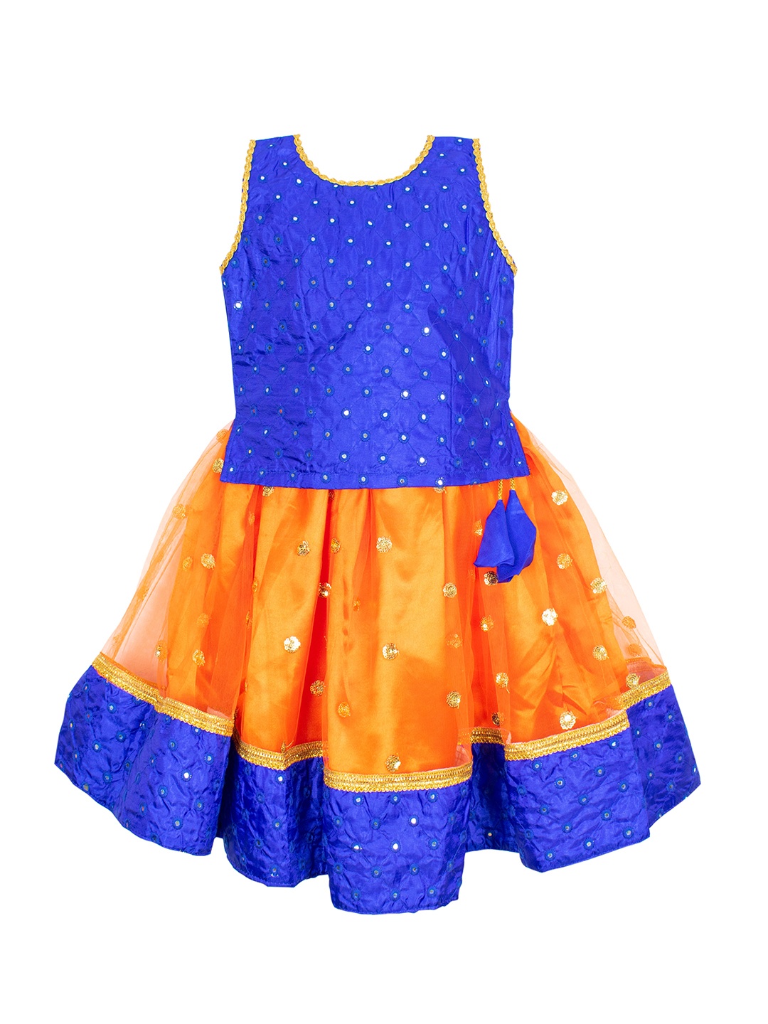 

AMIRTHA FASHION Girls Blue & Orange Embellished Sequinned Ready to Wear Lehenga &