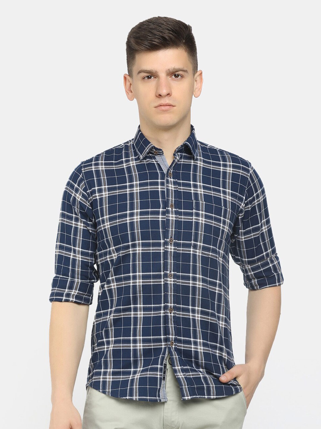 

V-Mart Men Navy Blue Tartan Checks Checked Casual Shirt