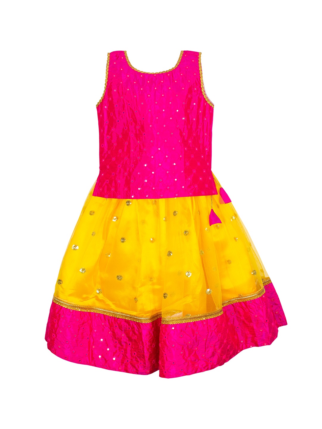 

AMIRTHA FASHION Girls Pink & Yellow Embellished Sequinned Ready to Wear Lehenga &