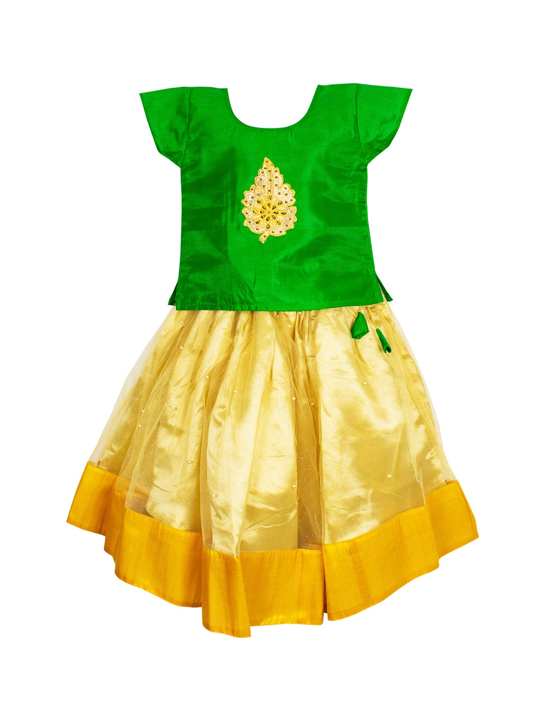 

AMIRTHA FASHION Girls Green & Gold-Toned Embellished Beads and Stones Ready to Wear Lehenga &