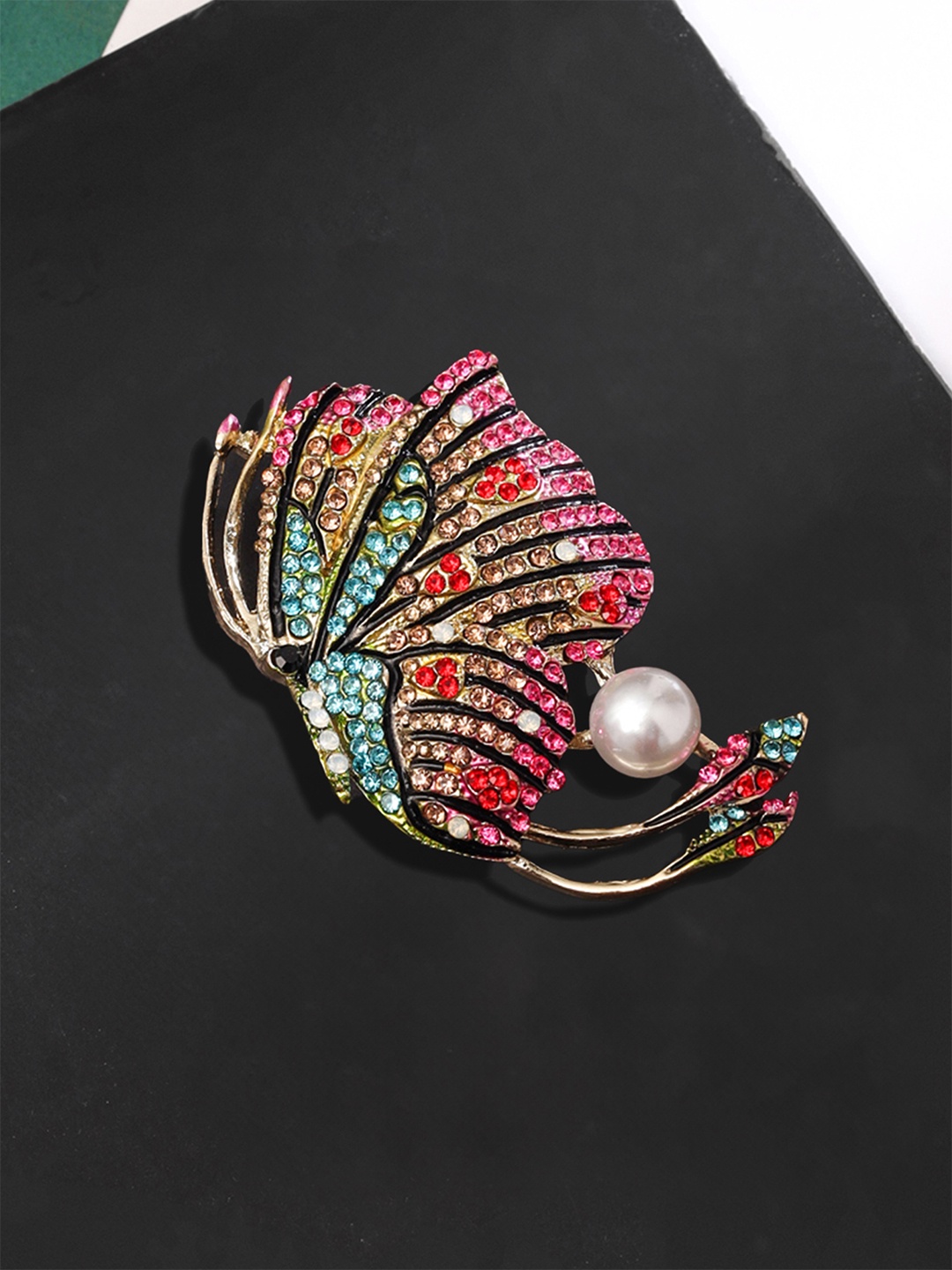 

Yellow Chimes Women Multicolour Crystal Butterfly Design Brooch Pin, Gold