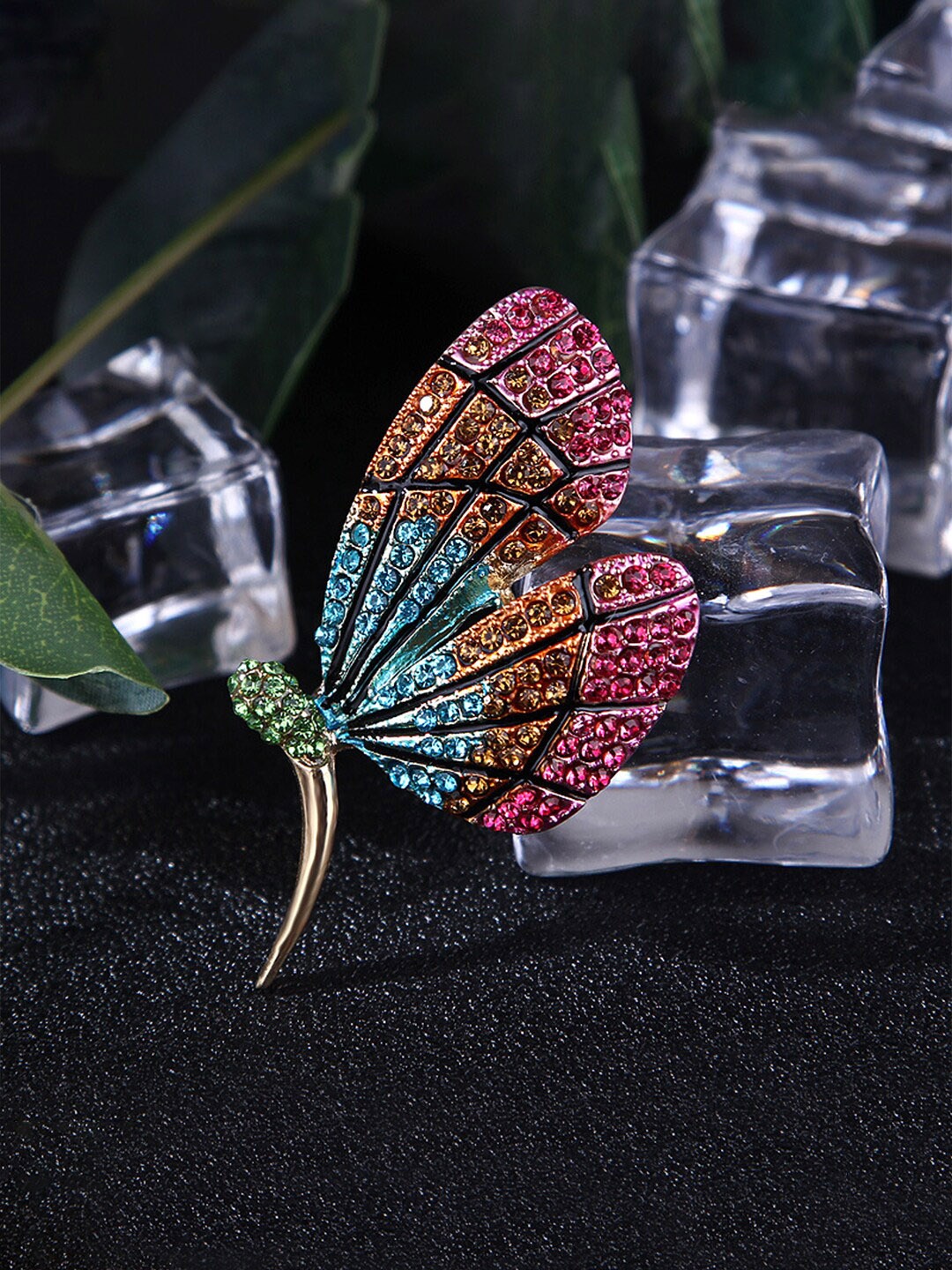 

Yellow Chimes Women Gold-Plated Multicolor Crystal Butterfly Shaped Brooch Pin