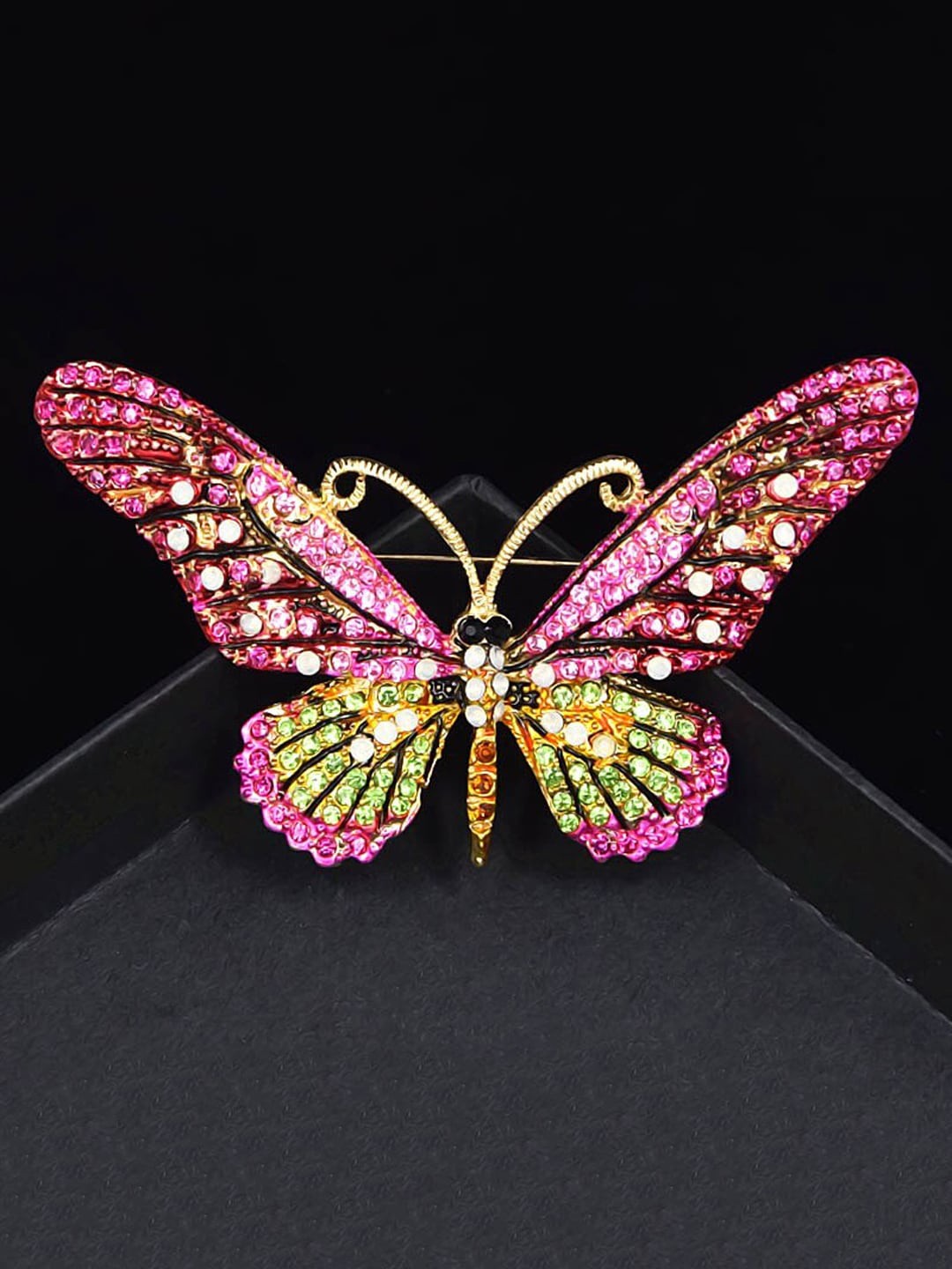 

Yellow Chimes Women Gold-Plated Pink & Green Crystal Butterfly Shaped Brooch Pin