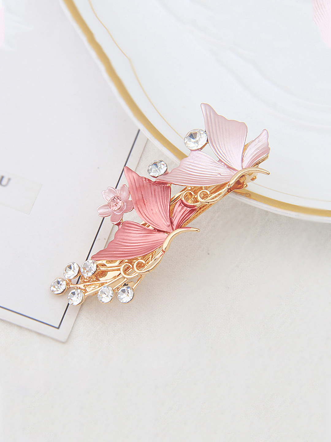 

Yellow Chimes Women Pink Floral Butterfly Design French Barrette