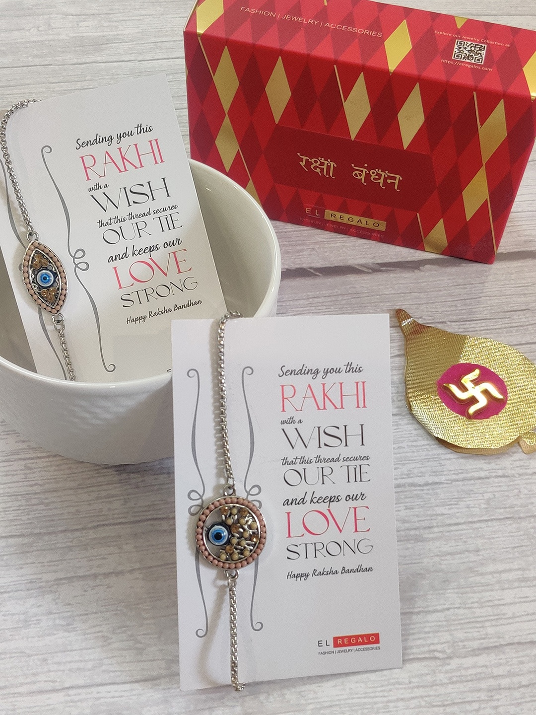 

EL REGALO Bhaiya Bhabhi 2 Evil Eye Rakhis Greeting Card Set, Silver