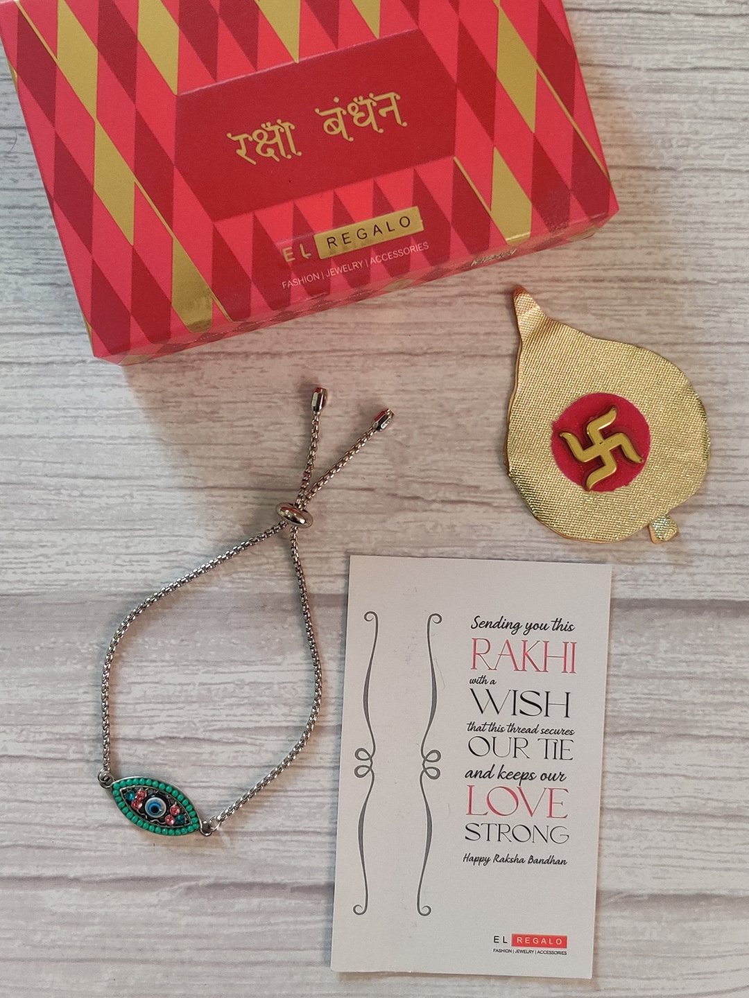 

EL REGALO Bhaiya Rakhi Combo with Greeting Card and Roli Chawal Shagun, Silver