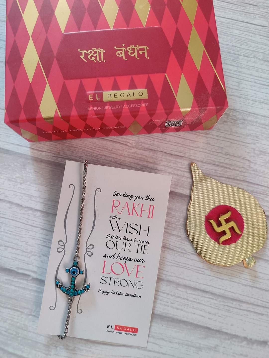 

EL REGALO Bhaiya Rakhi Combo with Greeting Card and Roli Chawal Shagun, Silver