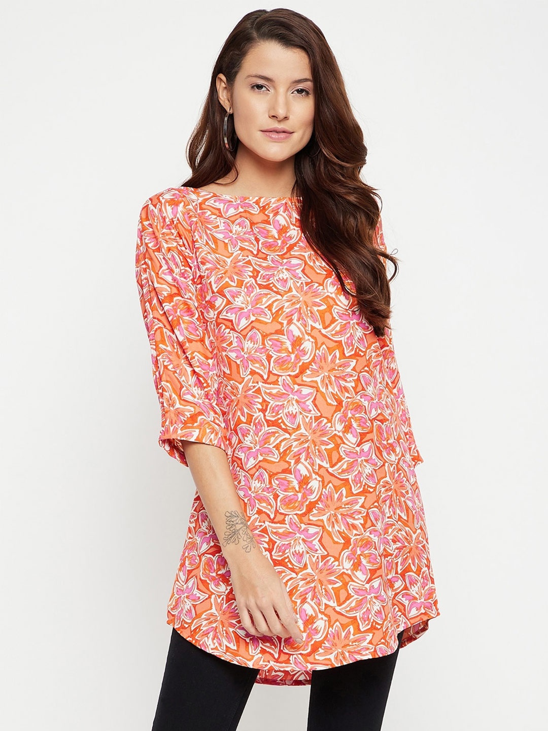 

Ruhaans Orange & Pink Boat Neck Printed Tunic